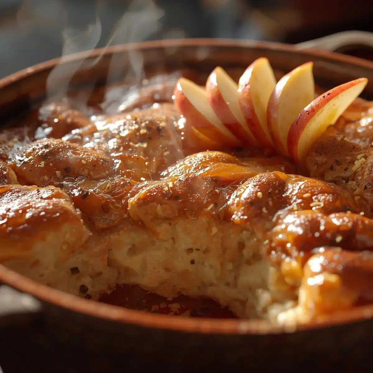 Apple Cinnamon Cottage Cheese Bake served in a dish with cinnamon and apple slices