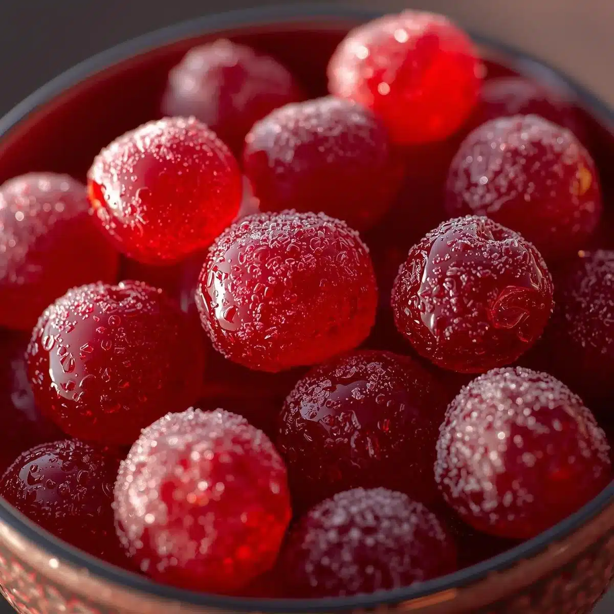 Delicious homemade candied cranberries on a decorative plate