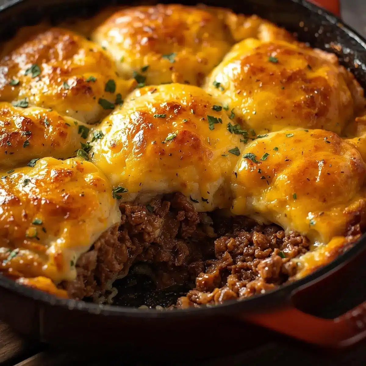 Cheddar Bay Ground Beef Cobbler served in a bowl with fresh garnish
