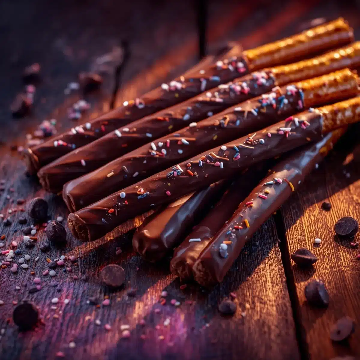 Delicious chocolate-covered pretzel rods ready to enjoy as a sweet and salty snack.