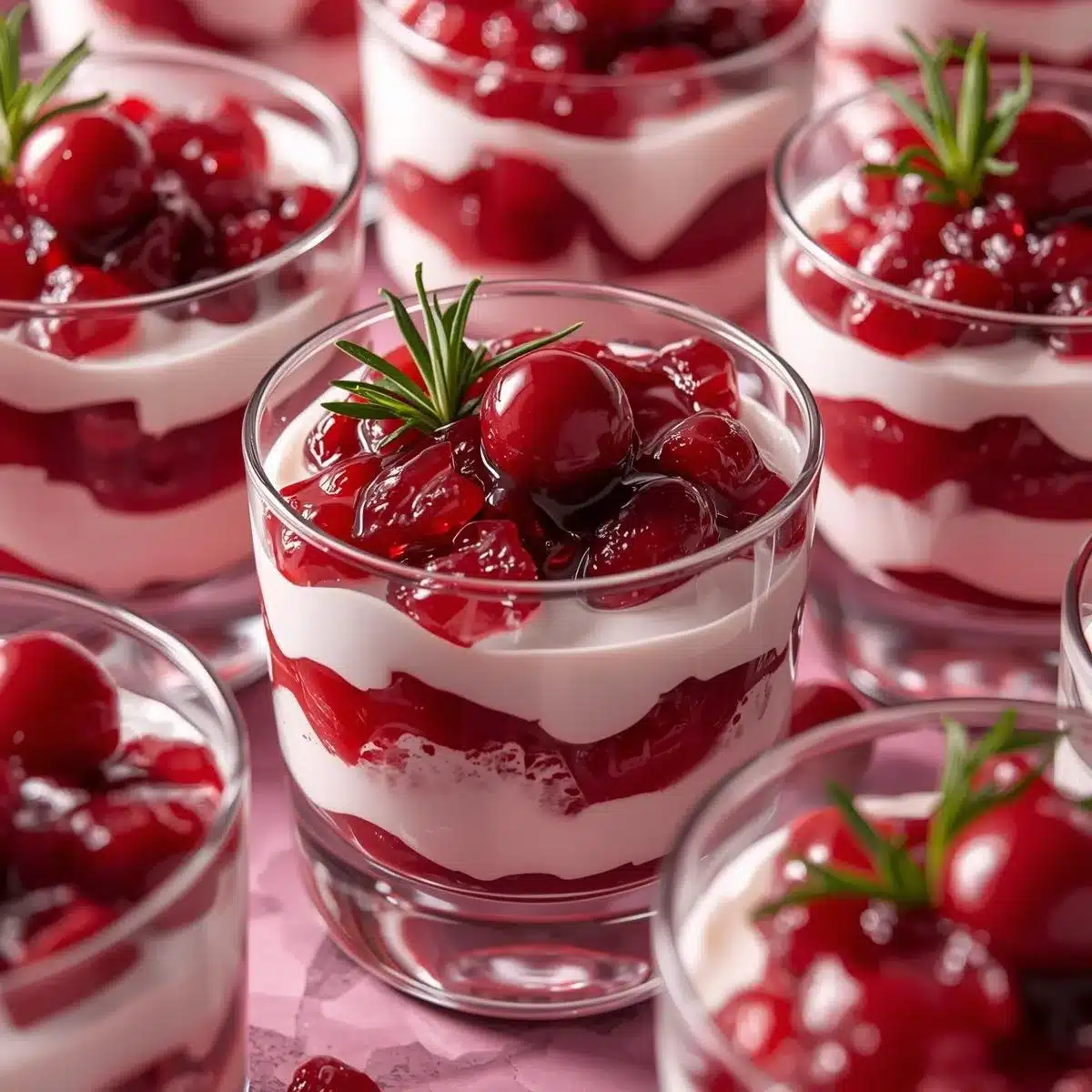 Christmas Cranberry Cream Cheese Trifle Cups layered with cream and cranberries