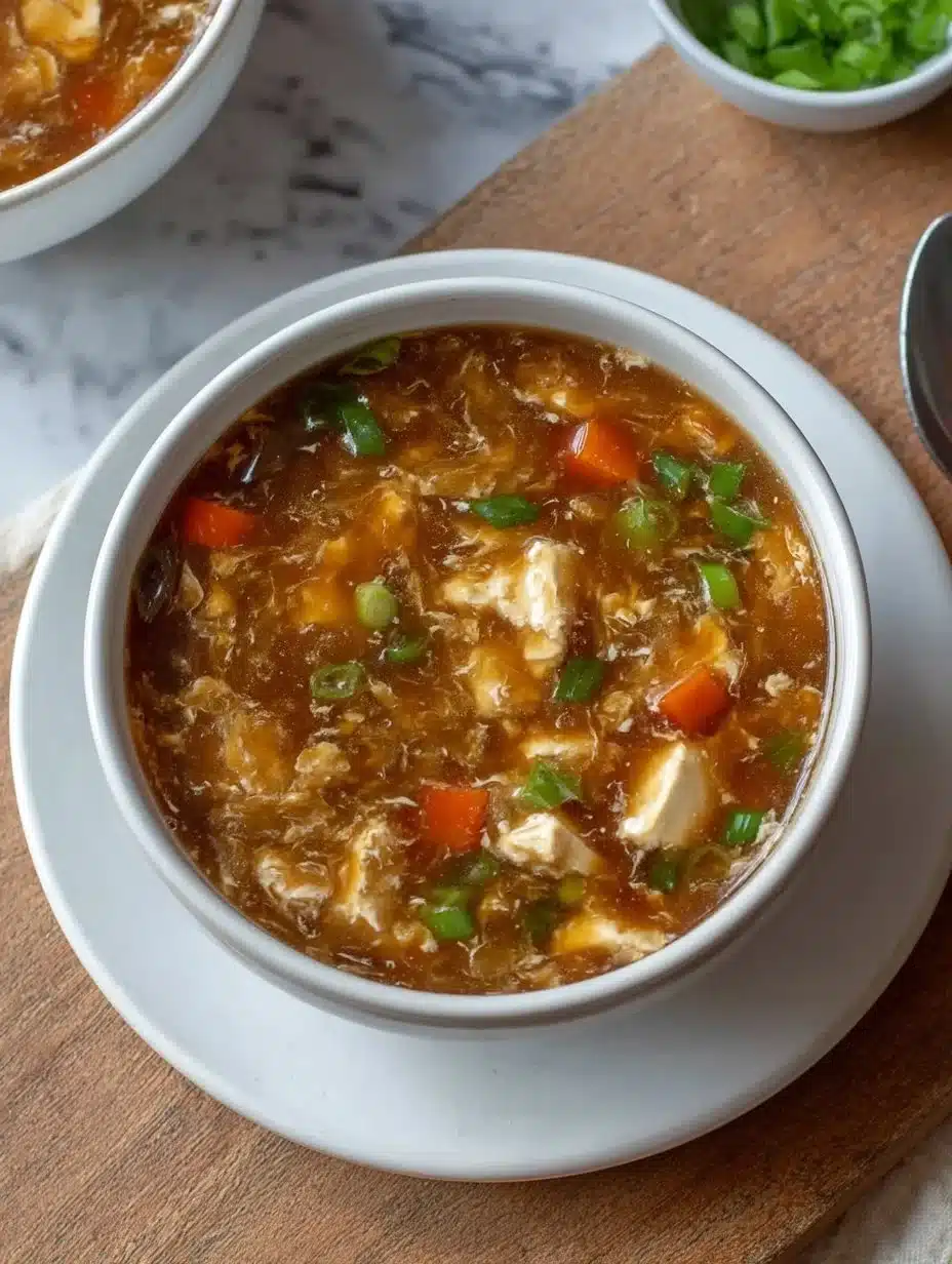 Bowl of classic hot and sour soup with vegetables and tofu