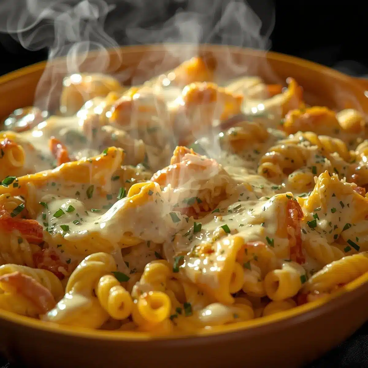 Cottage Cheese Alfredo Pasta Bake topped with herbs and cheese in a baking dish