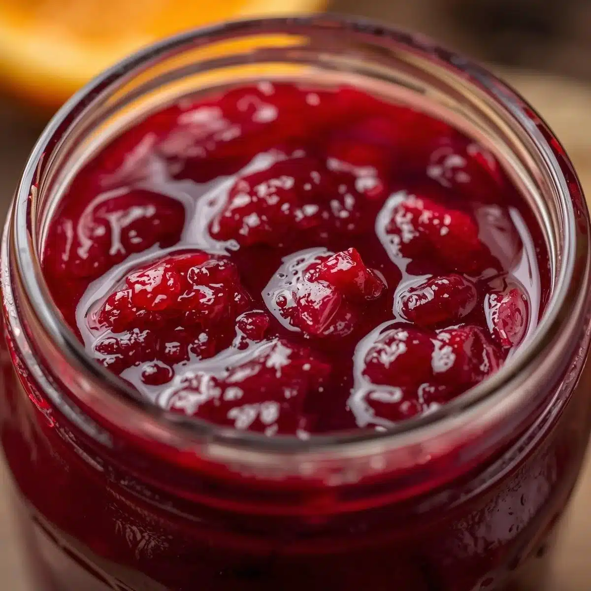 Homemade cranberry orange jam in a jar with fresh cranberries and oranges