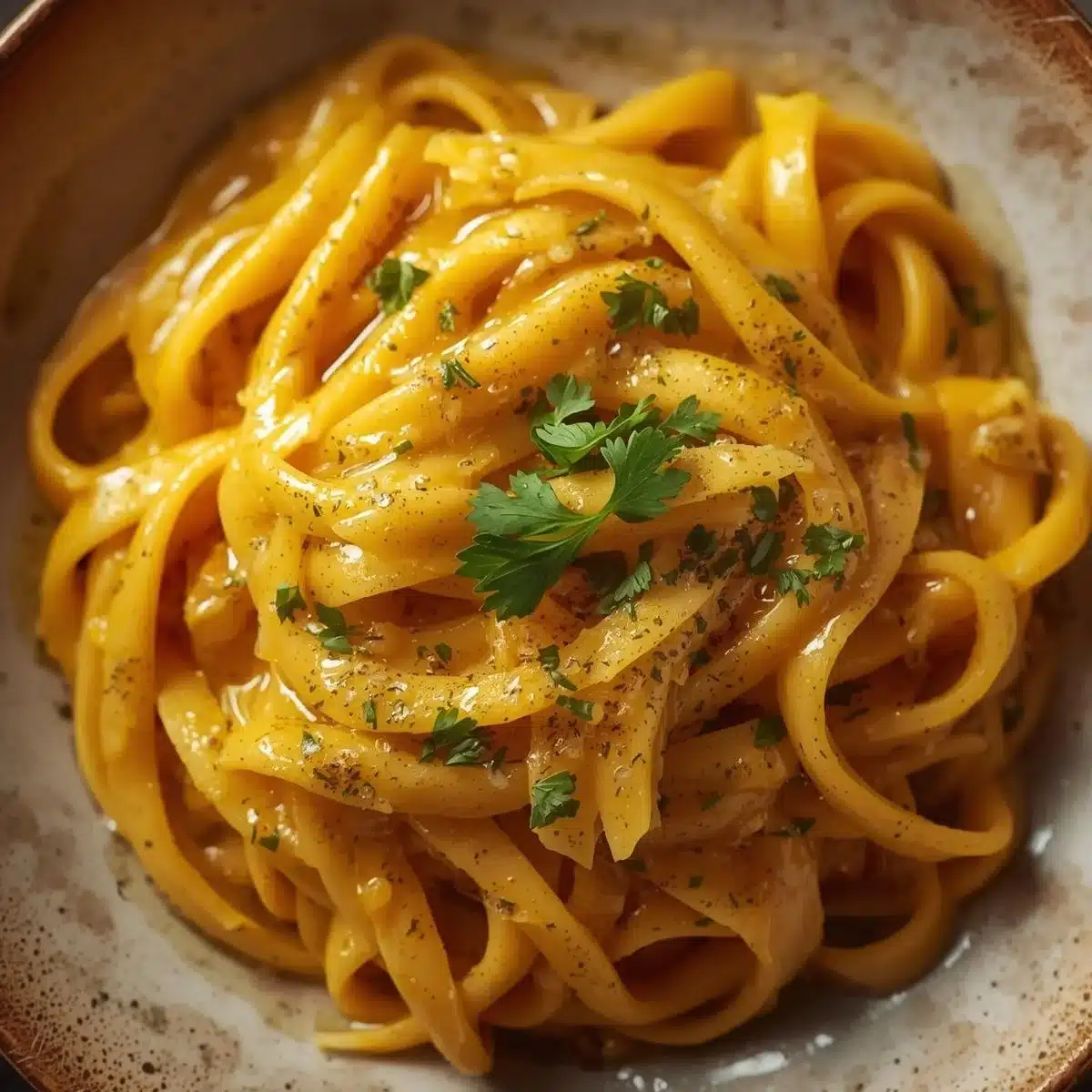 Creamy pumpkin pasta dish garnished with herbs