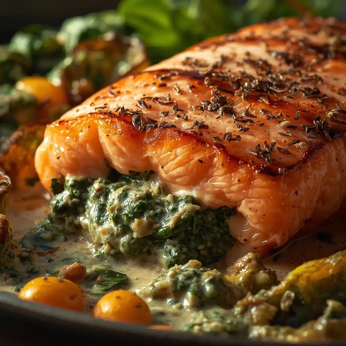 Creamy spinach stuffed salmon recipe plated with fresh herbs and lemon wedges
