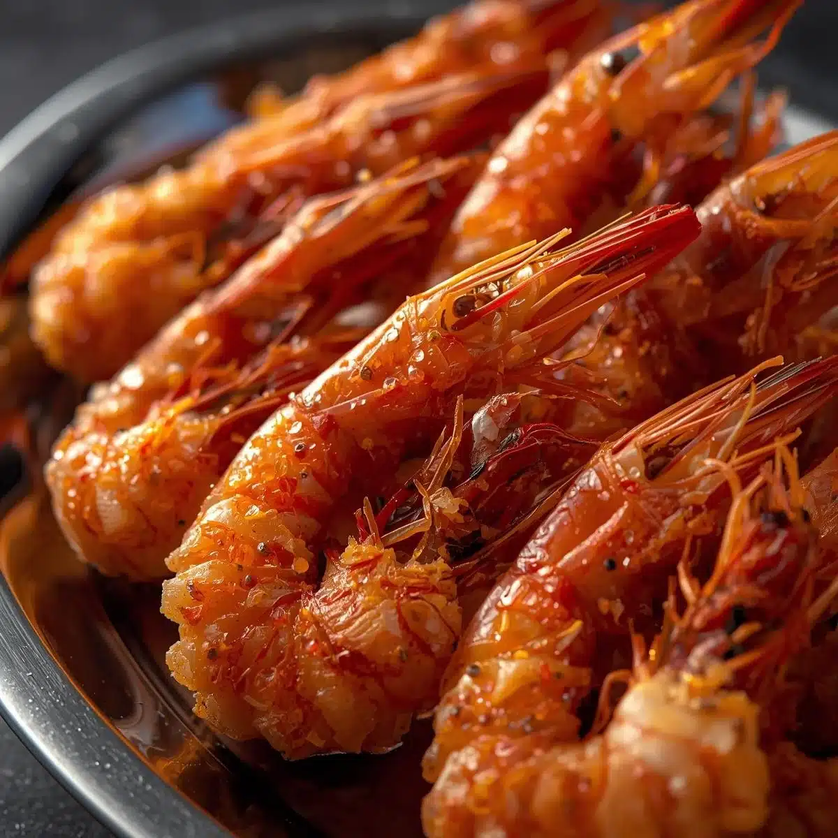 Crispy Chinese salt and pepper prawns served on a plate with garnish