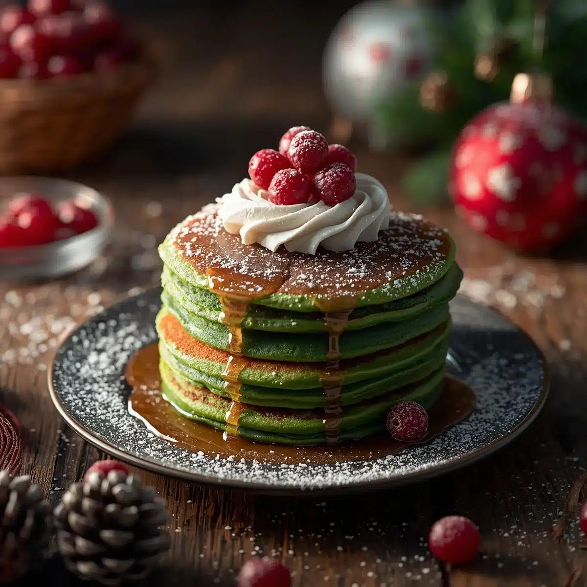Delightful green Christmas pancakes served on a festive plate
