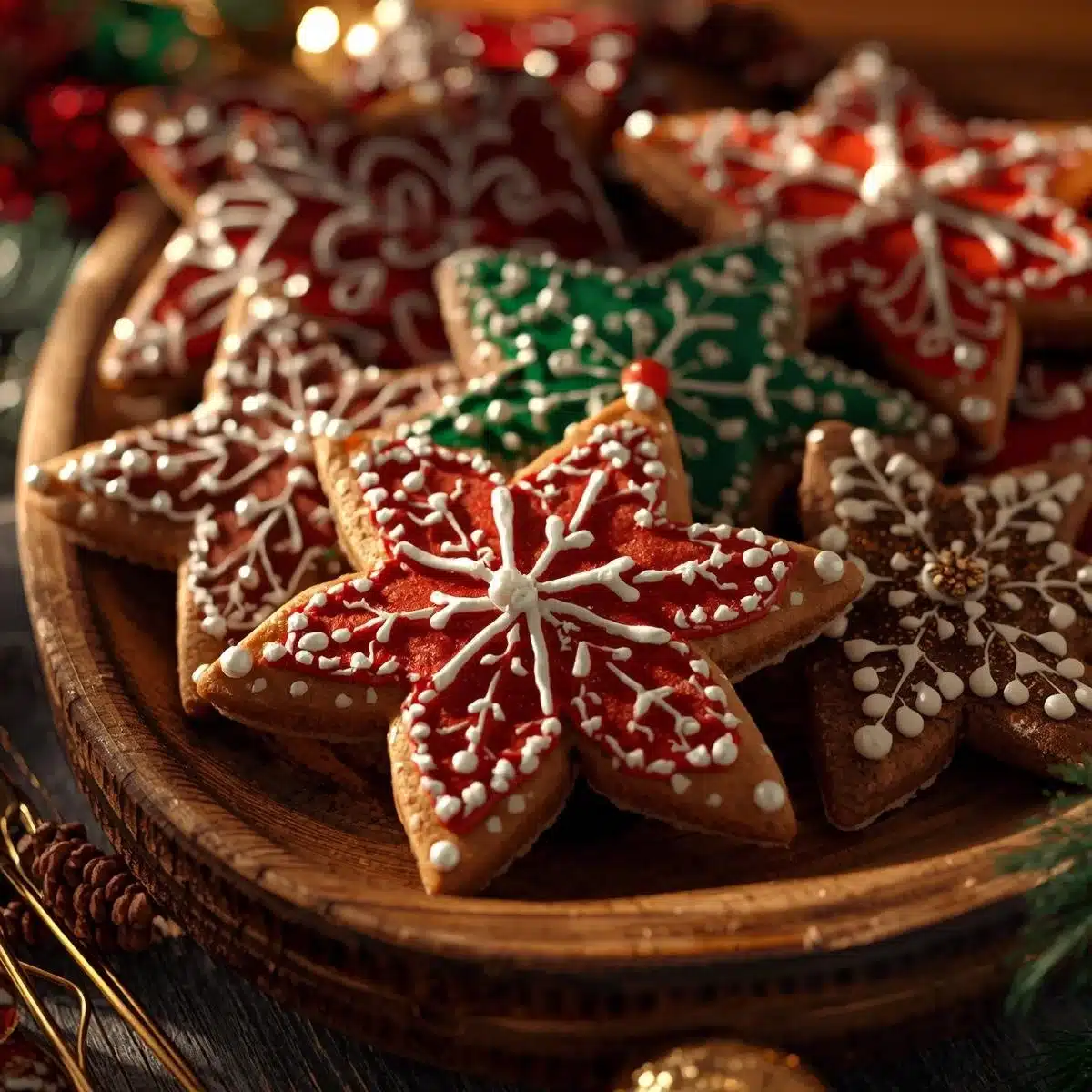 German Christmas gingerbread cookies decorated with icing on a plate.