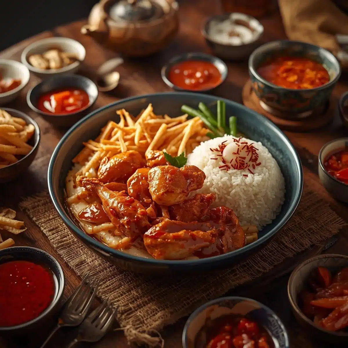 Plate of delicious Hainan Chicken Rice garnished with fresh herbs and vegetables.