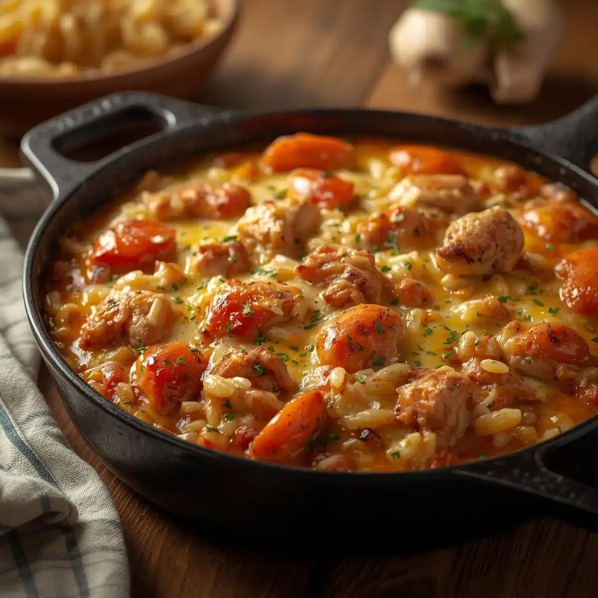 Healthy chicken and rice casserole served in a baking dish