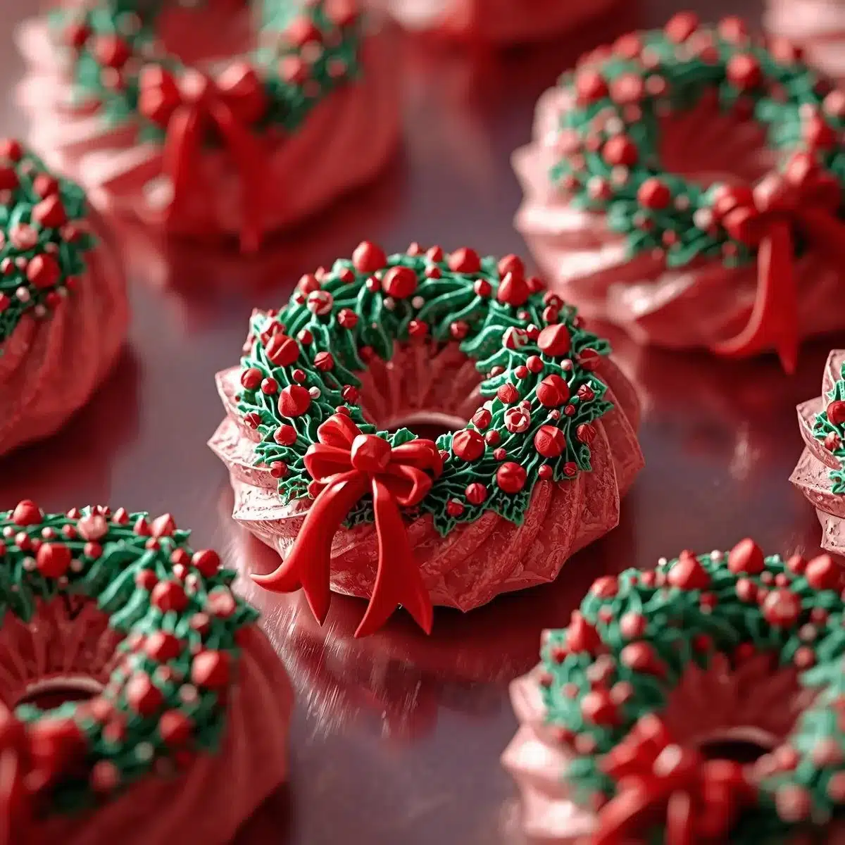 Festive holiday wreath meringues adorned with berries and cream