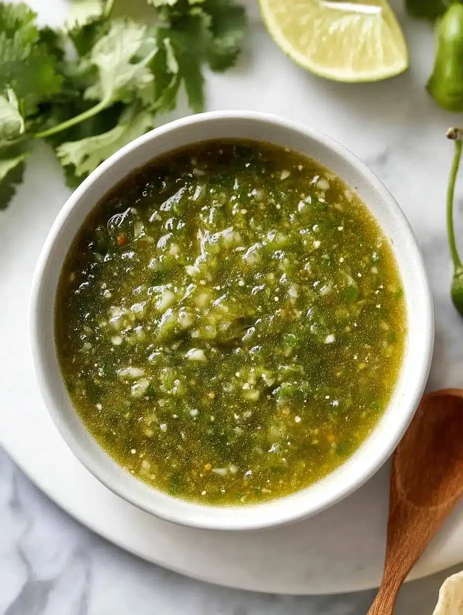 A vibrant bowl of homemade green sauce made with fresh herbs and spices