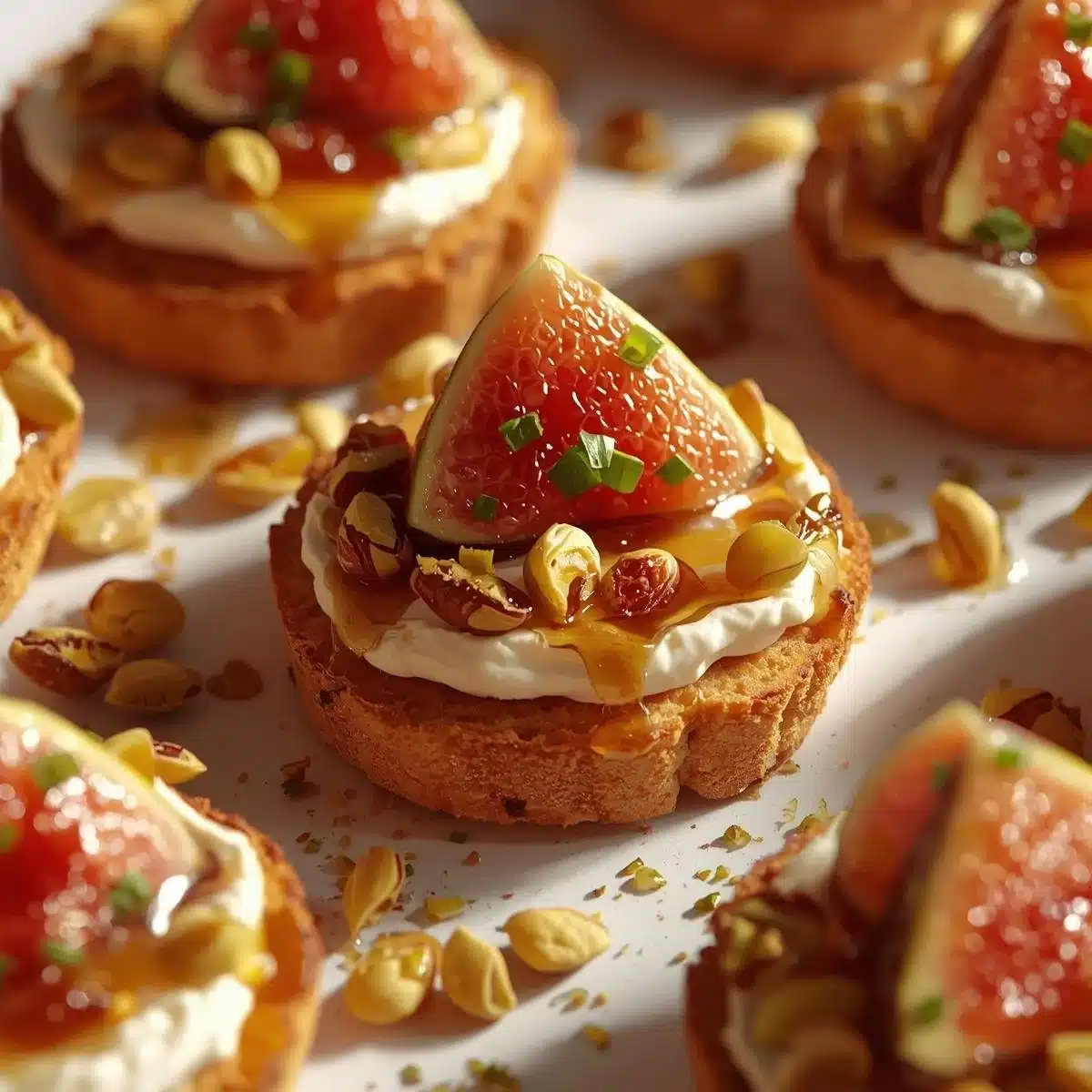 Honey fig pistachio goat cheese appetizer on a platter