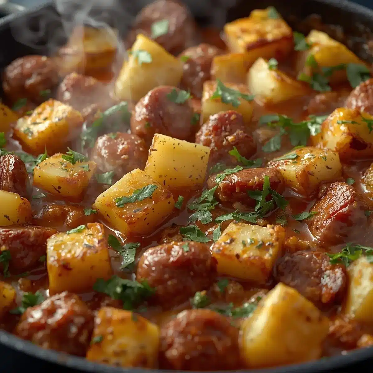 Italian sausage and potato casserole in a baking dish, garnished with herbs.
