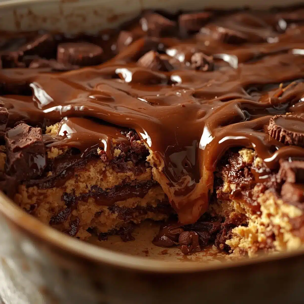 Delicious Peanut Butter Cup Dump Cake topped with chocolate and peanut butter