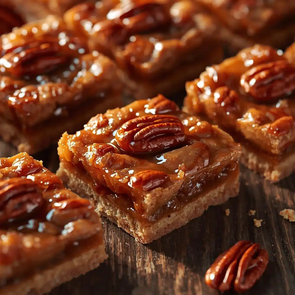Delicious pecan pie bars served on a rustic wooden table
