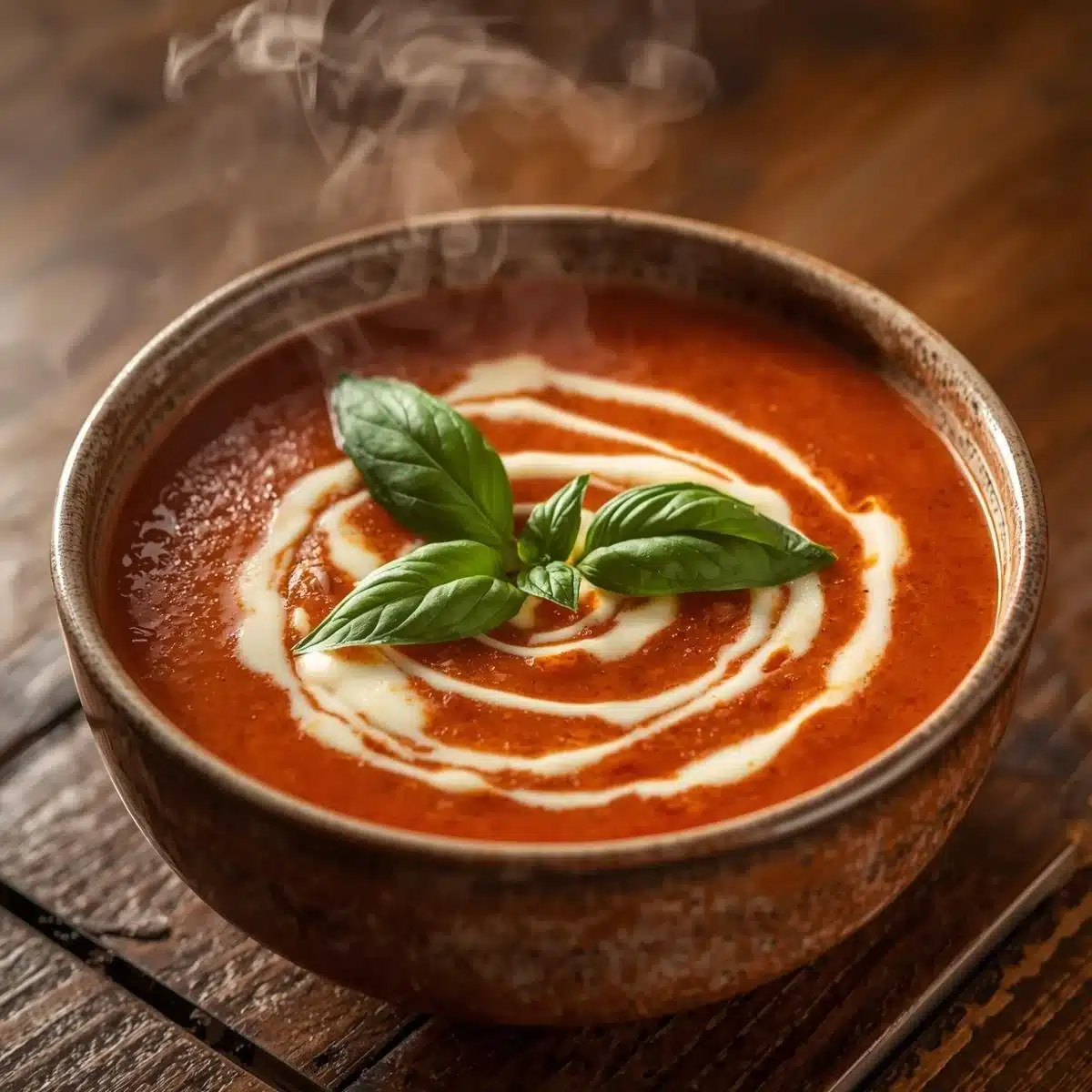 Bowl of perfect roasted tomato basil soup garnished with fresh basil leaves