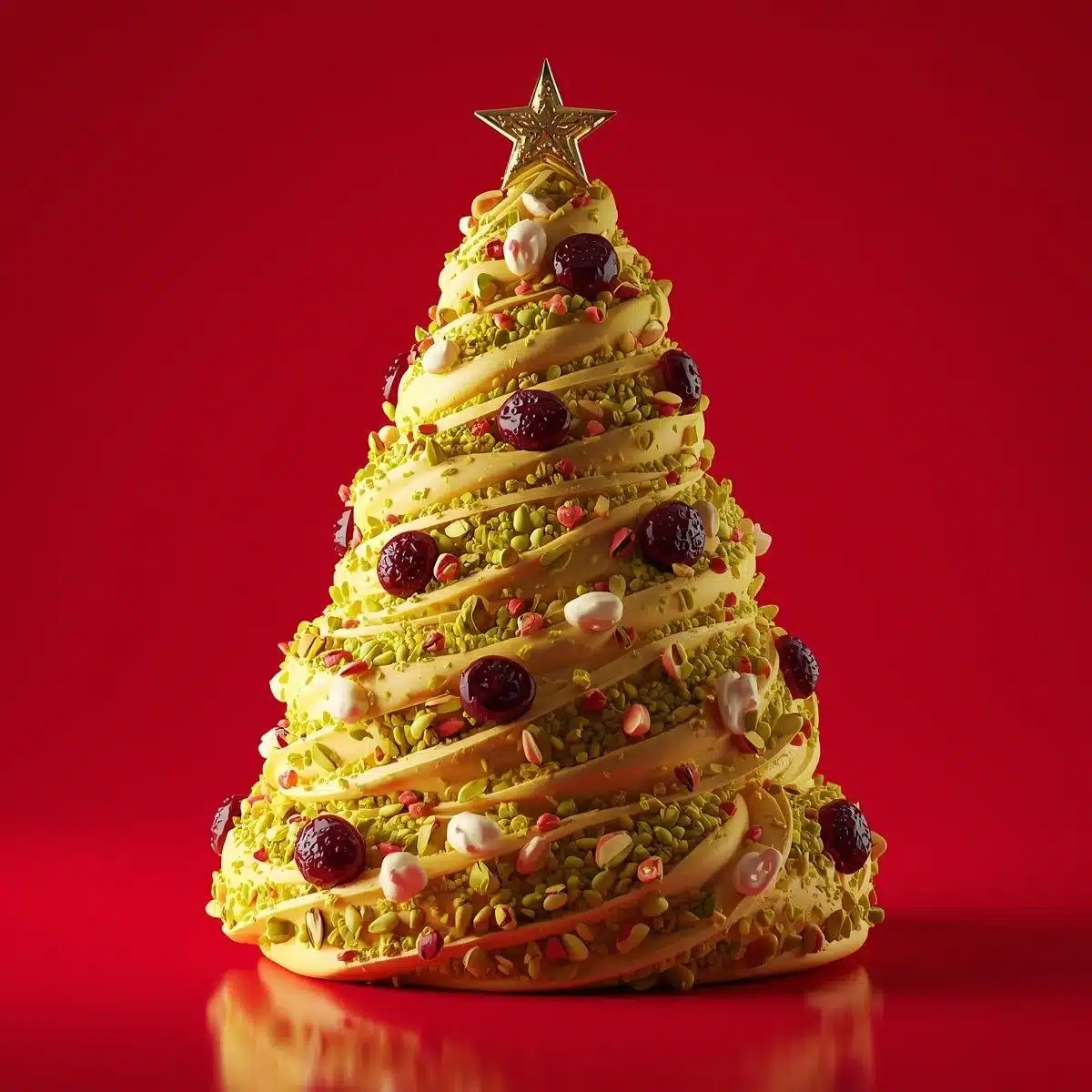 Pistachio Cranberry Brie Swirl shaped like a Christmas tree