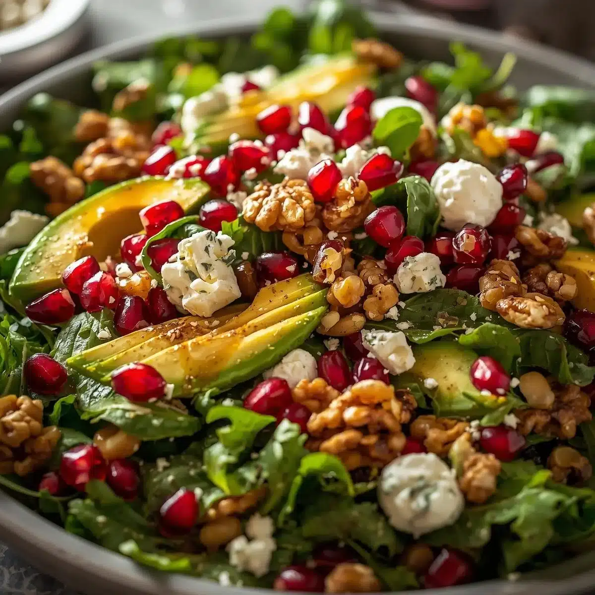Pomegranate Christmas Salad with fresh pomegranate seeds and greens