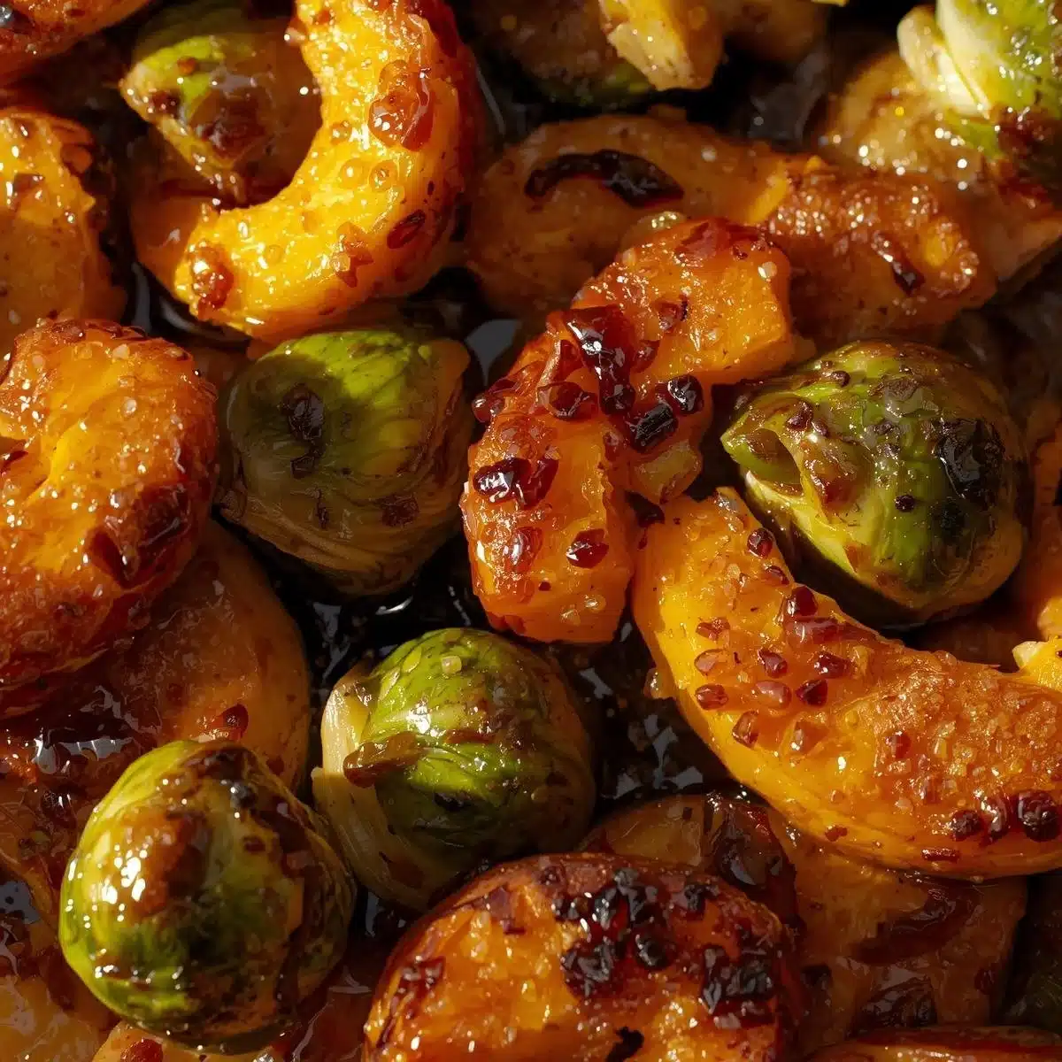 Roasted acorn squash and Brussels sprouts served on a plate