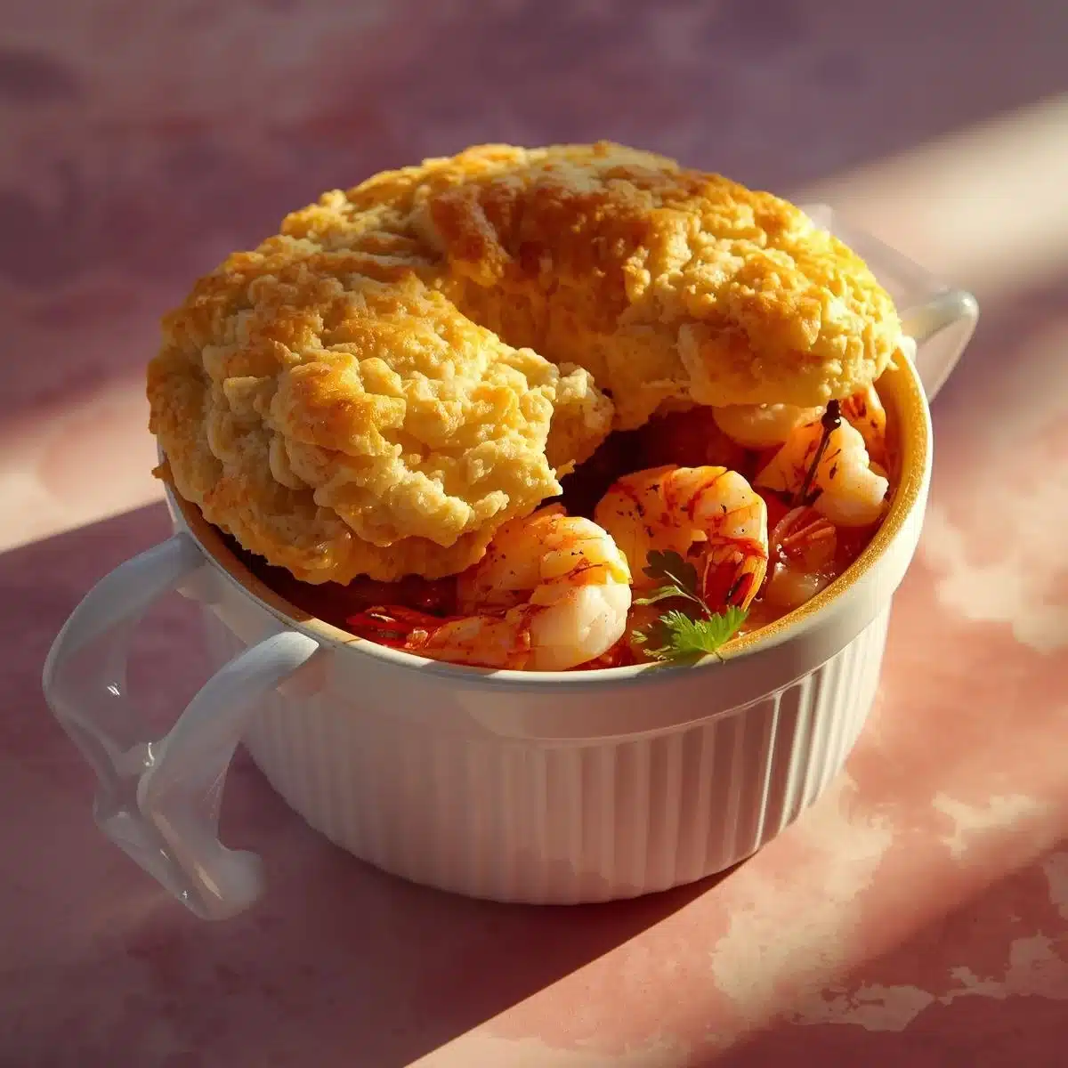 Shrimp and lobster biscuit pot pie served in a charming dish