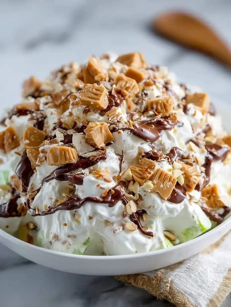 Delicious Snickers Salad with apples, whipped cream, and Snickers bars