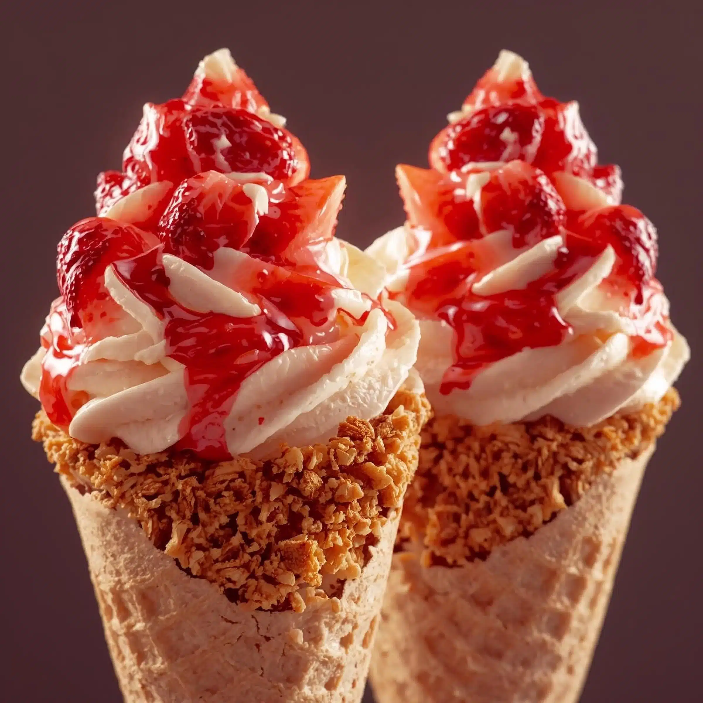 Strawberry Crunch Cheesecake Cones topped with fresh strawberries and crispy crunch