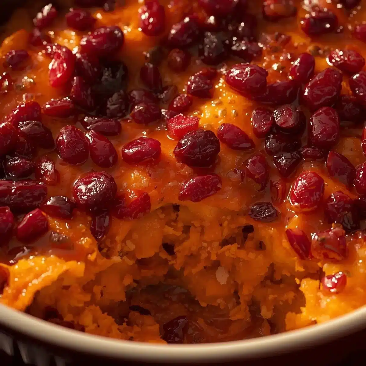 Delicious sweet potato cranberry gratin topped with melted cheese.