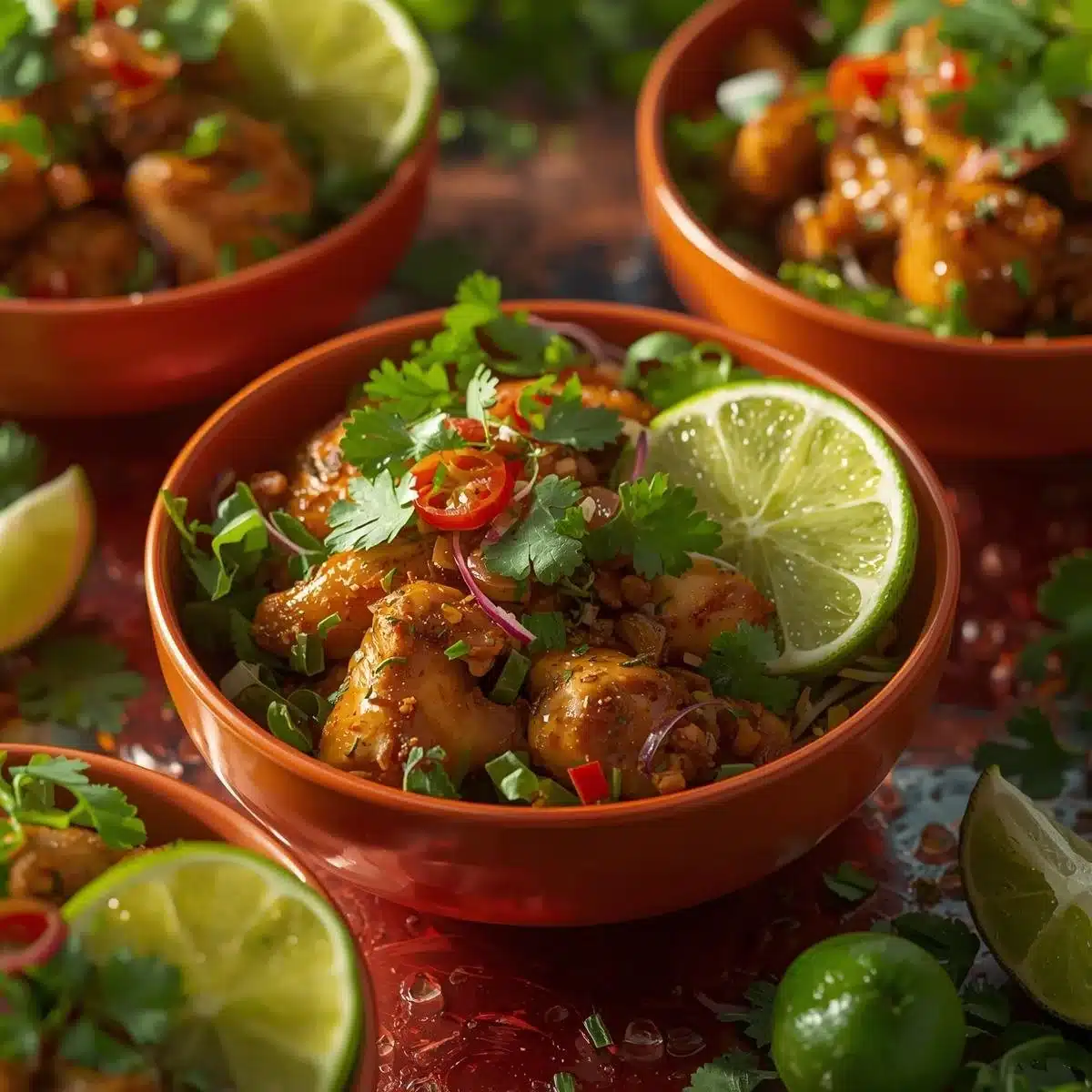 Delicious cilantro lime chicken bowls garnished with fresh ingredients.