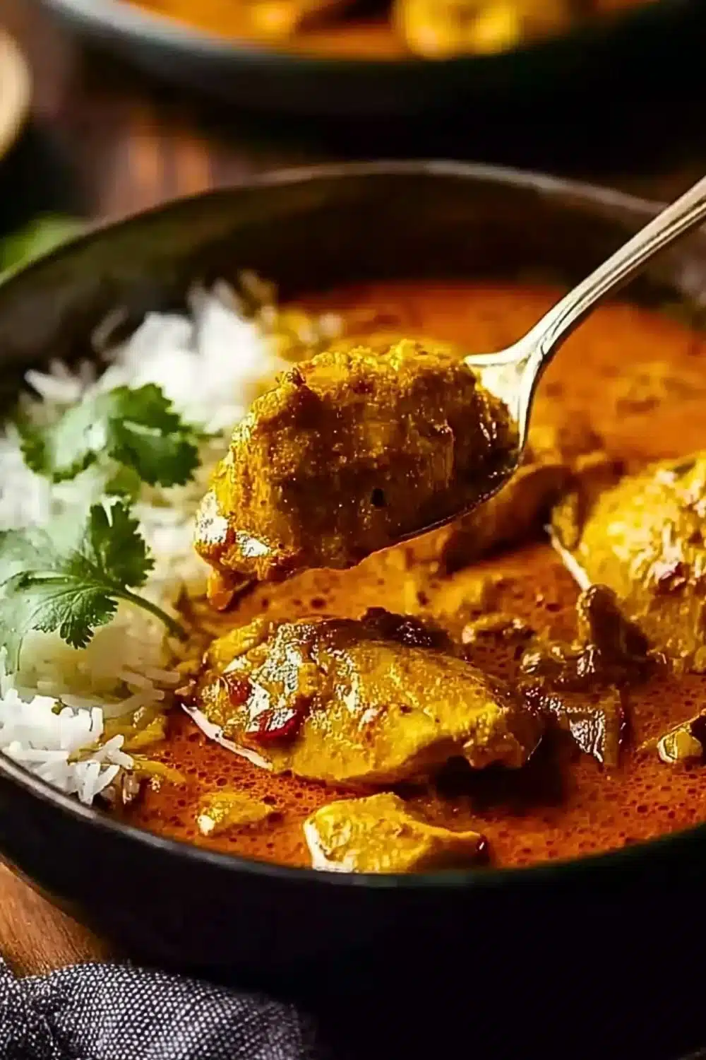 A bowl of flavorful African Chicken Curry served with rice.
