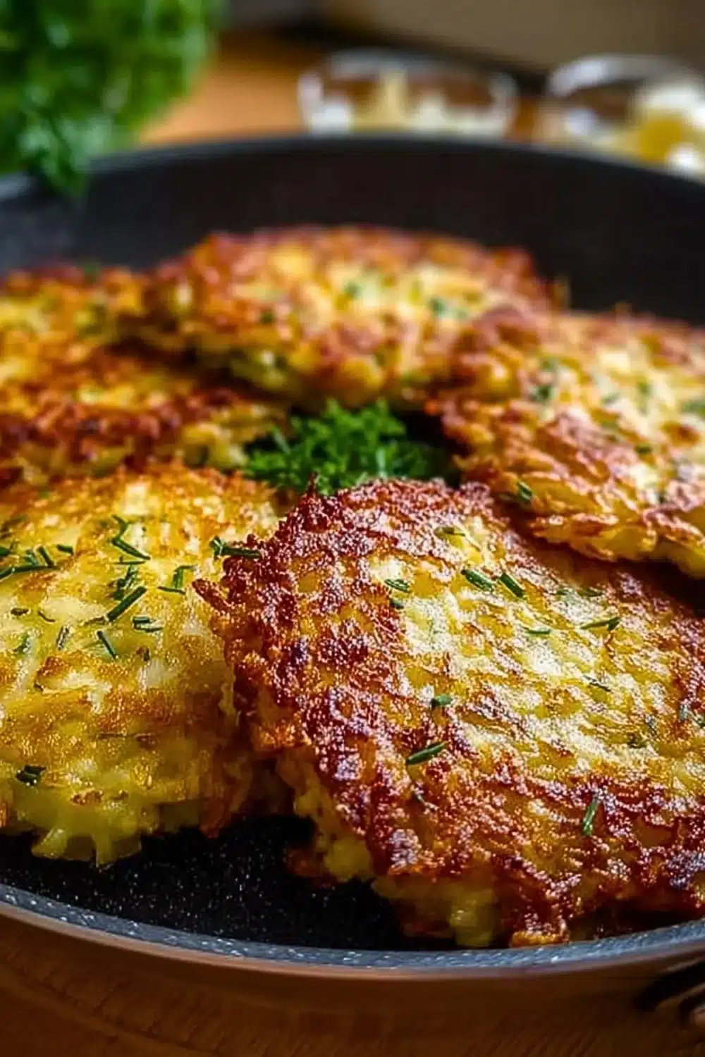 Plate of authentic German Potato Pancakes served with applesauce and sour cream.