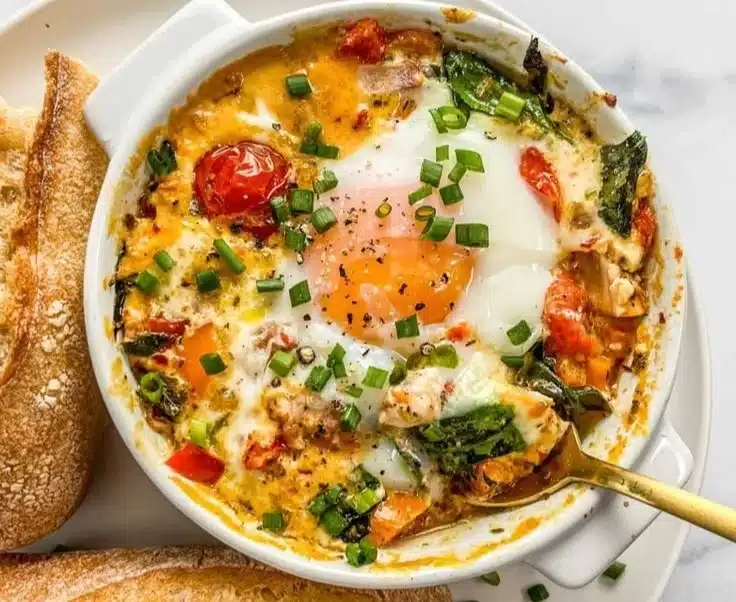 Baked feta eggs with tomatoes and spinach served in a rustic dish
