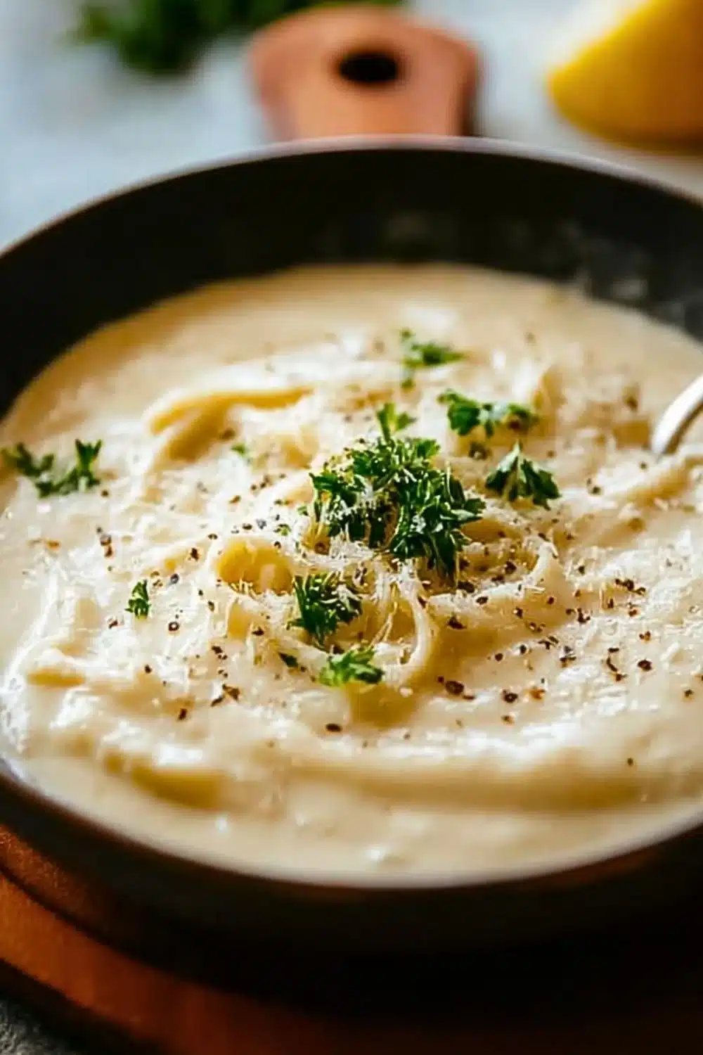 Bowl of creamy homemade Alfredo sauce served with pasta