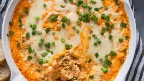 Delicious Buffalo Chicken Dip served with tortilla chips