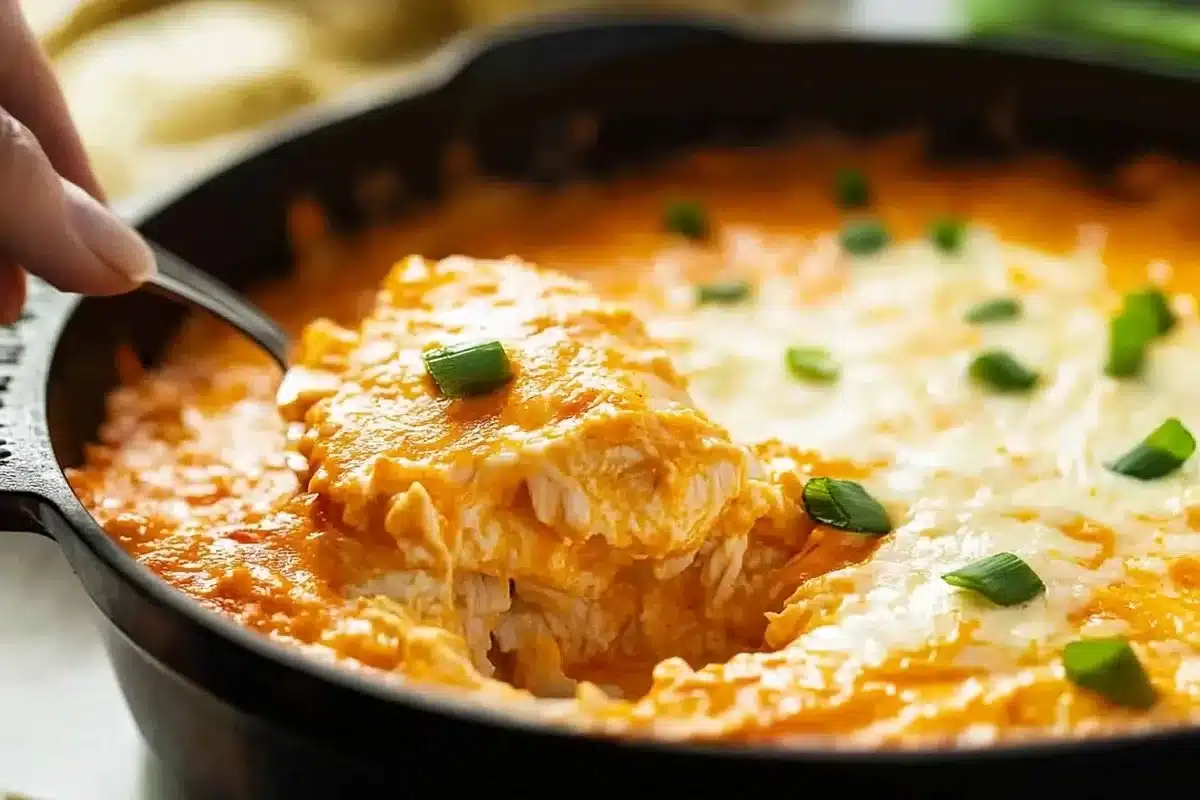 Buffalo Chicken Dip served in a creamy bowl with chips on the side