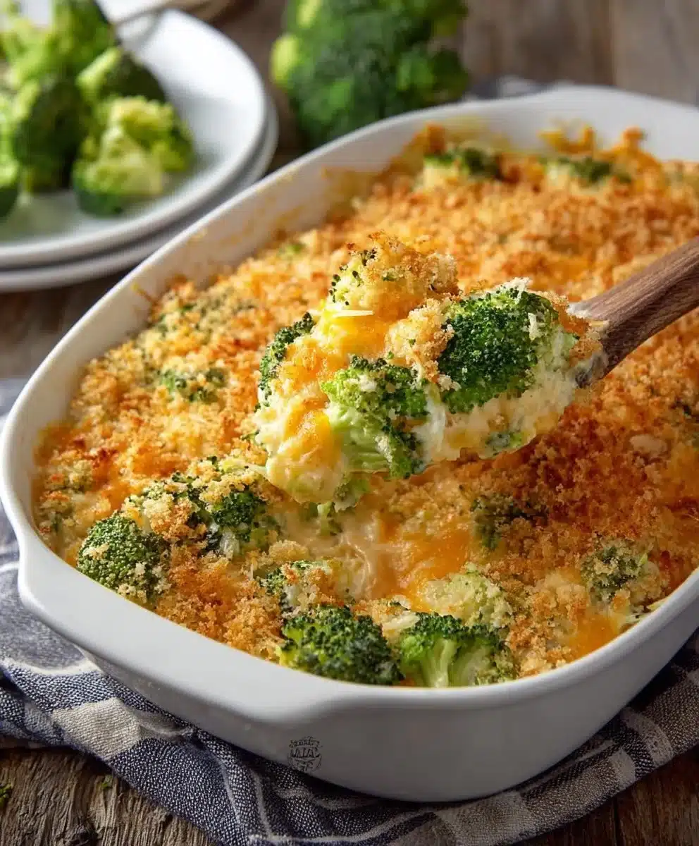 Cheesy broccoli casserole dish served in a baking dish, garnished and ready to eat.