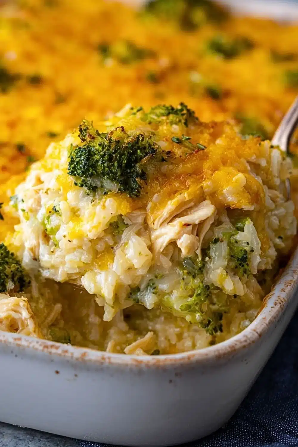 Cheesy broccoli chicken and rice casserole in a baking dish