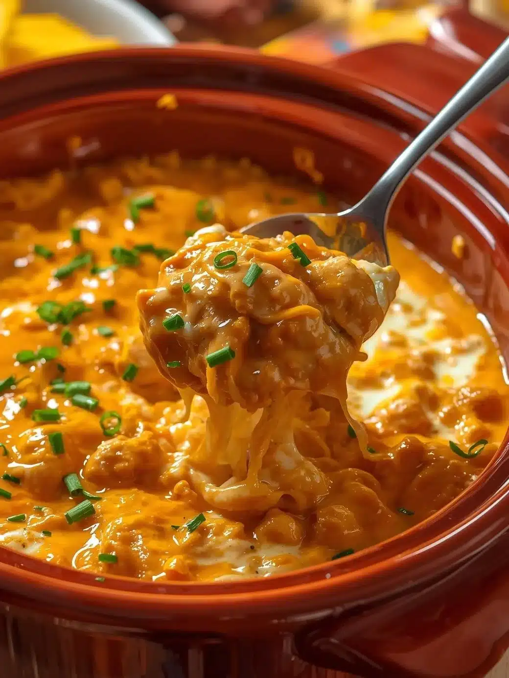 Creamy and cheesy Buffalo Chicken Dip served in a bowl with tortilla chips