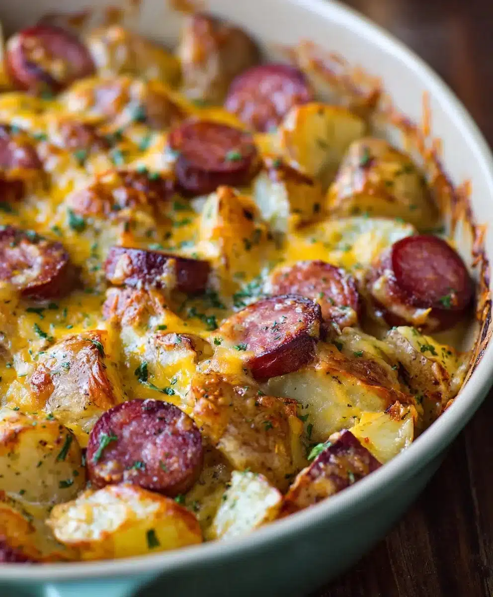 Cheesy Ranch Potatoes served with beef smoked sausage on a plate