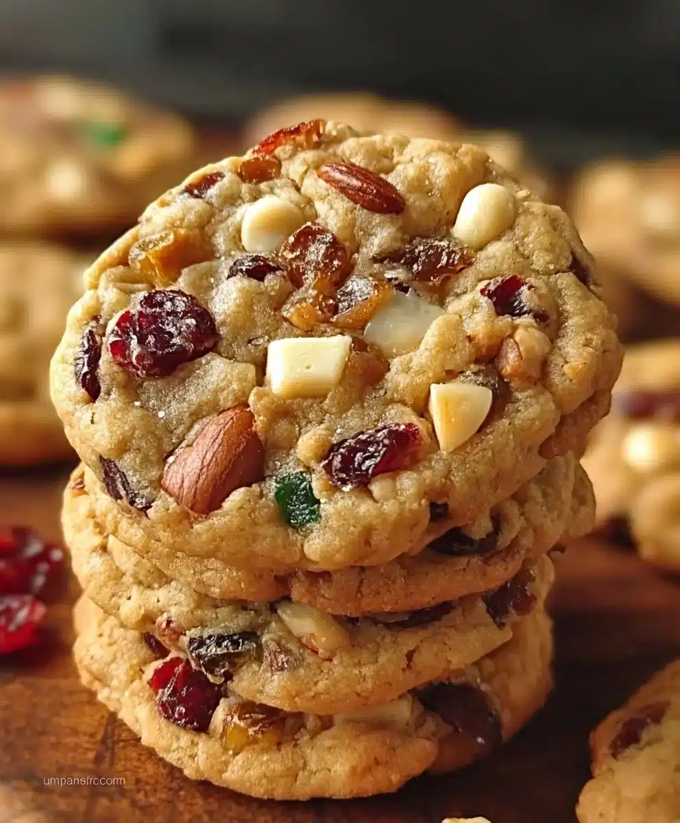 Chewy fruitcake cookies loaded with dried fruits and nuts on a plate