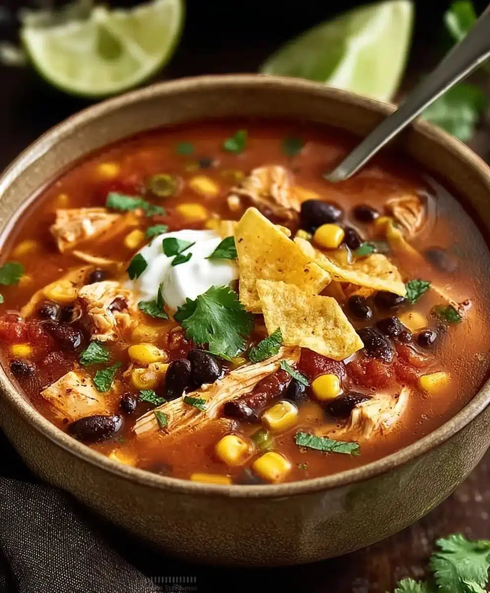 Delicious bowl of Chicken Taco Soup garnished with cilantro and lime.