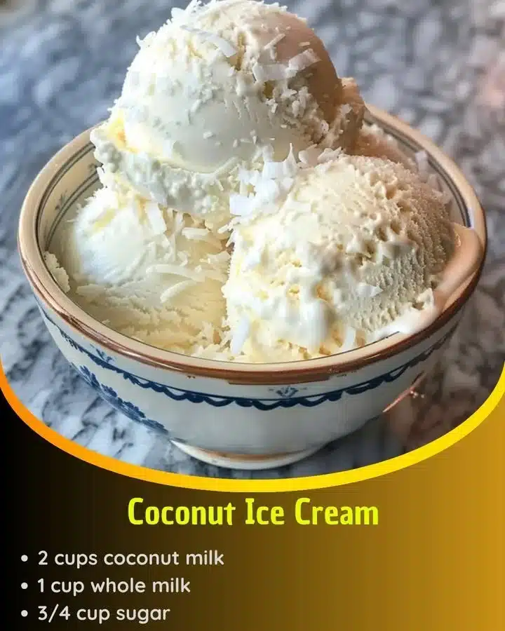 Delicious homemade coconut ice cream served in a bowl with a spoon.
