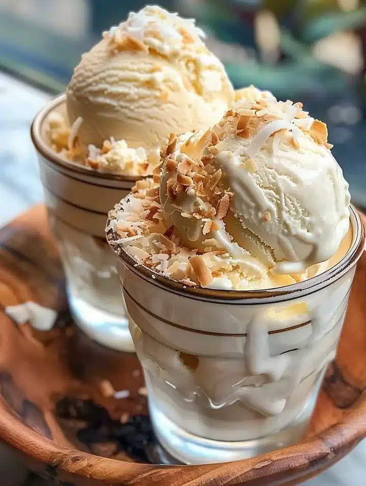 Delicious coconut ice cream topped with shredded coconut and served in a bowl