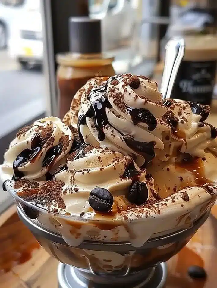 Delicious coffee ice cream topped with coffee beans in a bowl.