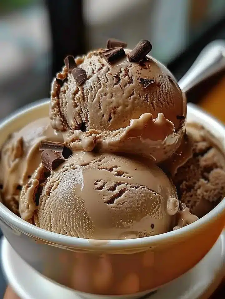 Coffee ice cream with dark chocolate flecks in a bowl