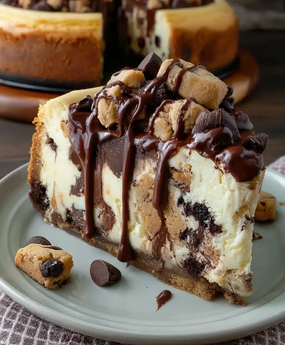 Delicious cookie dough cheesecake topped with cookie dough pieces and chocolate drizzle.