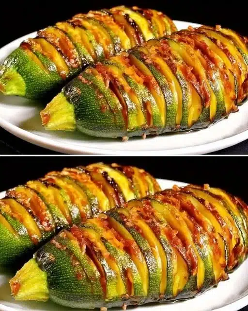 Courgettes Hasselback grillées, délicieusement garnies et préparées au four.