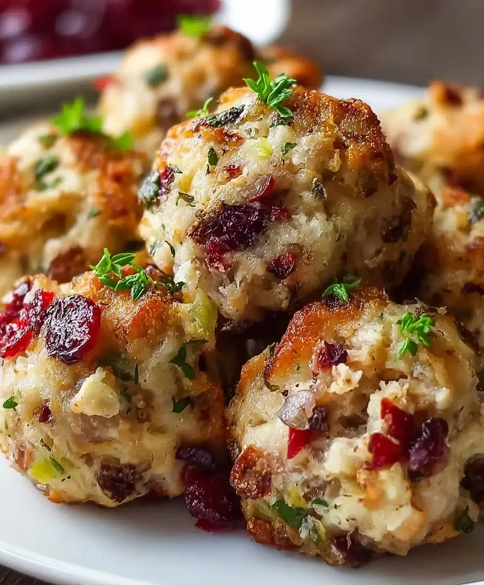 Delicious Cranberry Turkey Stuffing Balls served on a festive Thanksgiving table