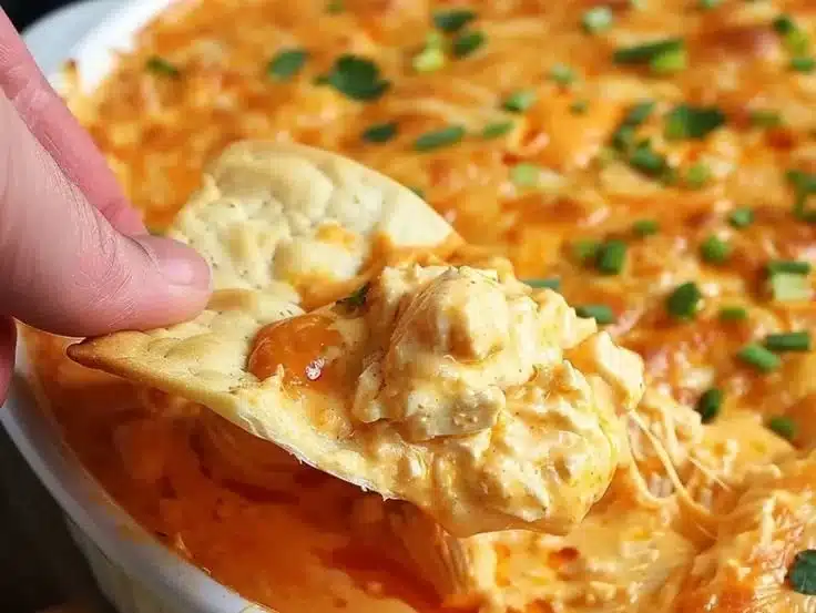 Creamy Buffalo Chicken Dip served with tortilla chips